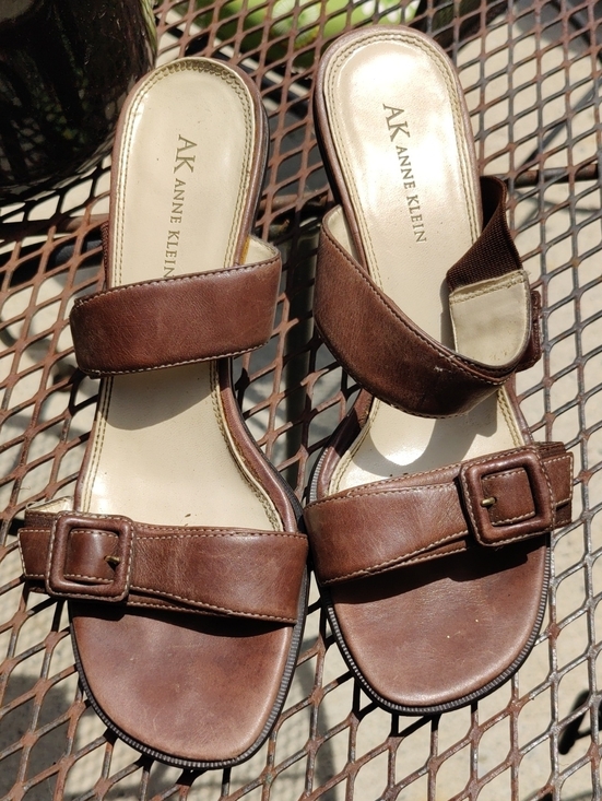 Anne Klein Shoes - Anne Klein Brown Leather Slide Sandals with Buckle